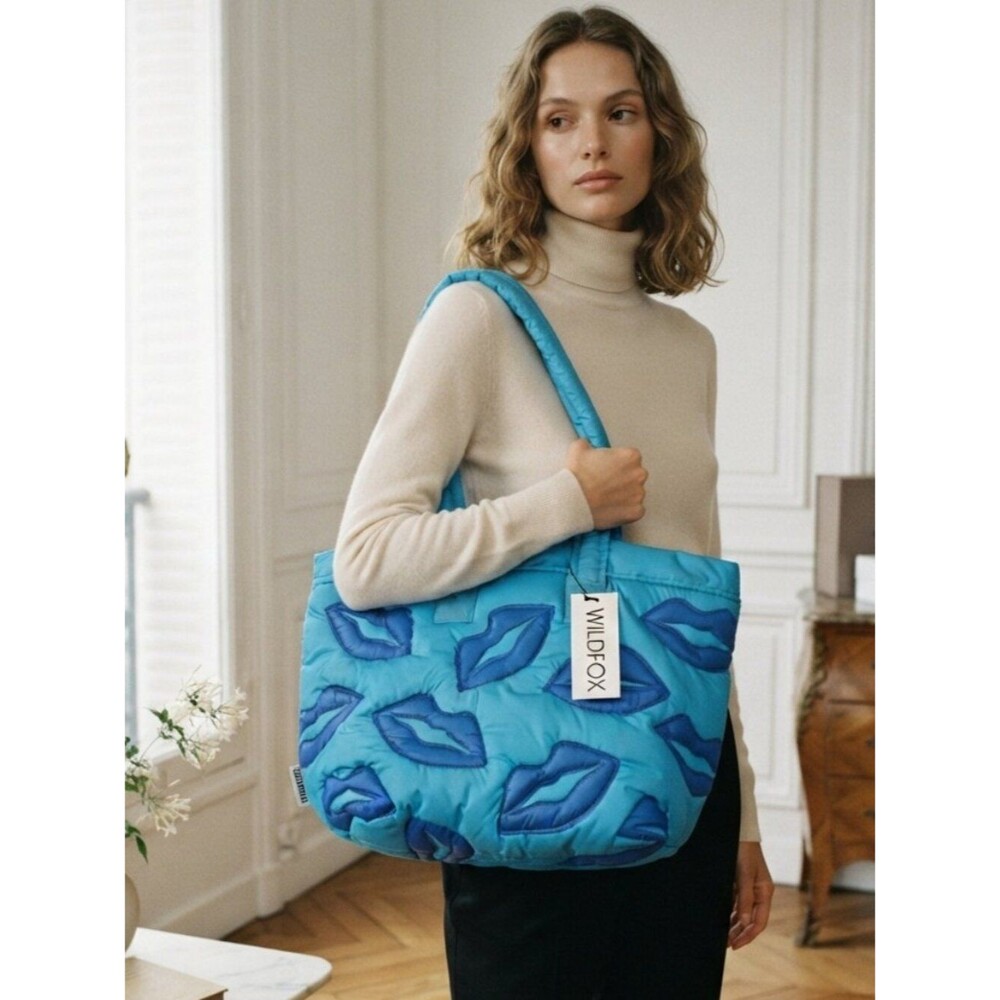 NWT Wildfox Blue Lips Quilted Puffer Tote Bag.